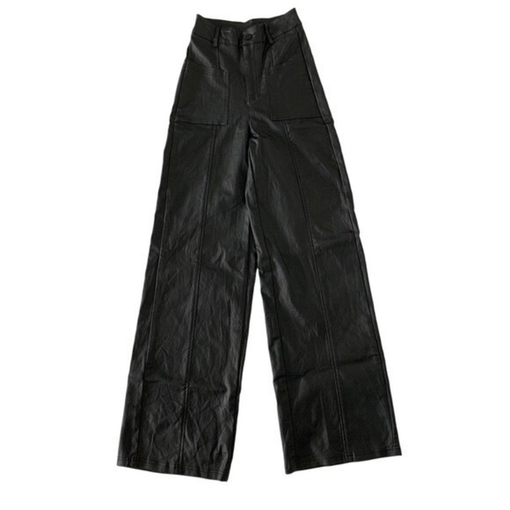 Faux Leather Pants Womens XS Black Wide Leg High Rise Stretch Y2K Sexy